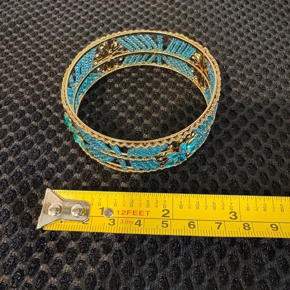 Boho Blue Beaded Cuff Bracelet with Turquoise Flower Detail - Picture 5 of 9